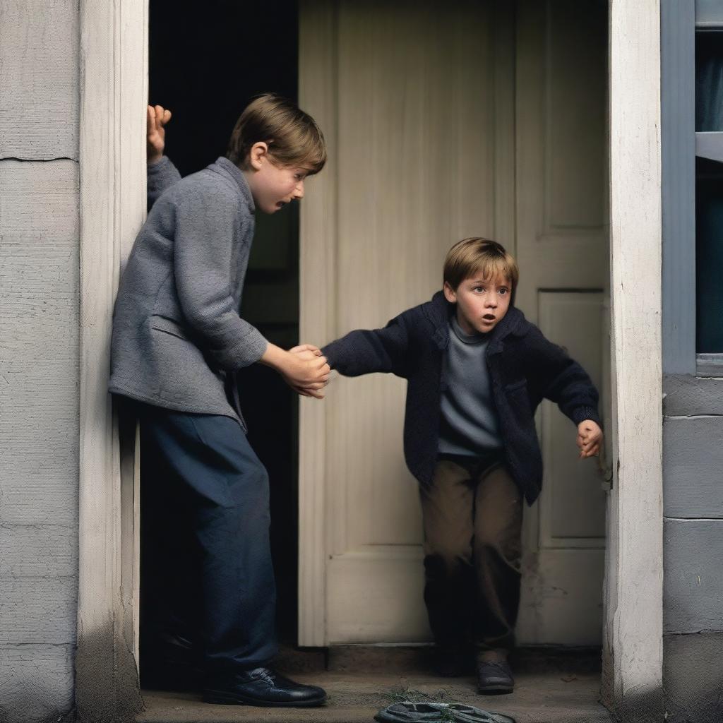 A scared looking 12 year old boy is reaching out with one hand after his dad who is being dragged out of the front door of a house by a man in a grey uniform