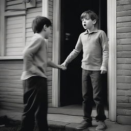 A scared looking 12 year old boy is reaching out with one hand after his dad who is being dragged out of the front door of a house by a man in a grey uniform