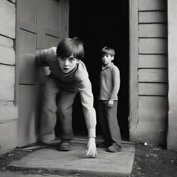 A scared looking 12 year old boy is reaching out with one hand after his dad who is being dragged out of the front door of a house by a man in a grey uniform