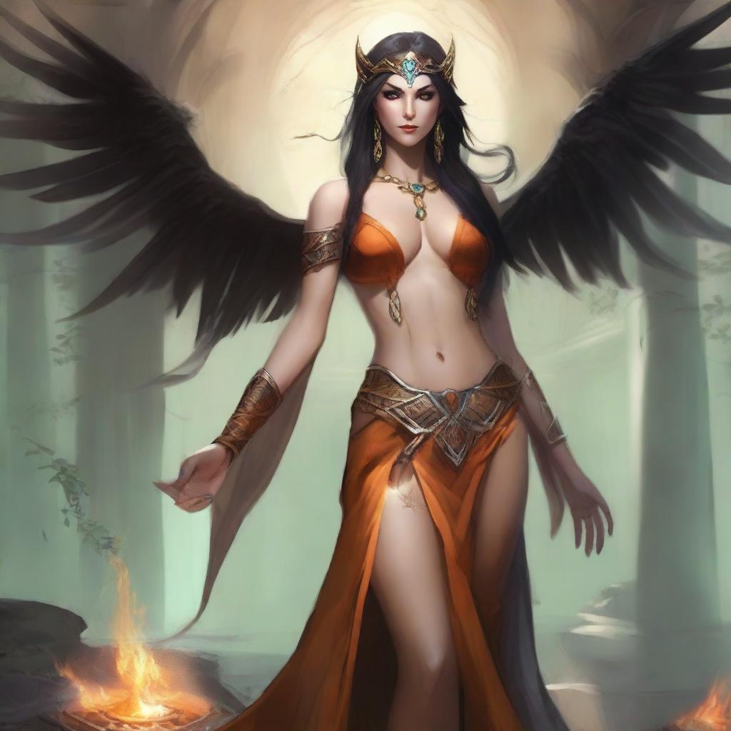 Generate an image of a sexy fallen Summer Eladrin lady sorceress