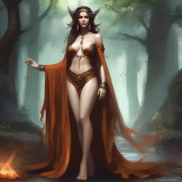 Generate an image of a sexy fallen Summer Eladrin lady sorceress