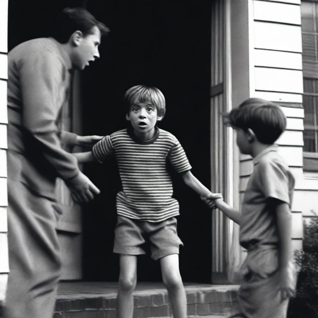 A scared looking 12 year old boy is reaching out with one hand after his dad who is being dragged out of the front door of a house by two men wearing grey uniforms