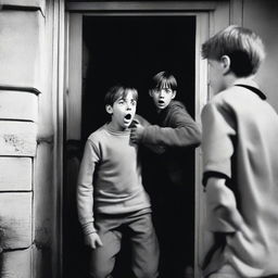 A scared looking 12 year old boy is reaching out with one hand after his dad who is being dragged out of the front door of a house by two men wearing grey uniforms