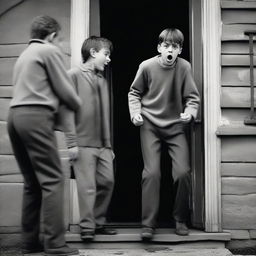 A scared looking 12 year old boy is reaching out with one hand after his dad who is being dragged out of the front door of a house by two men wearing grey uniforms