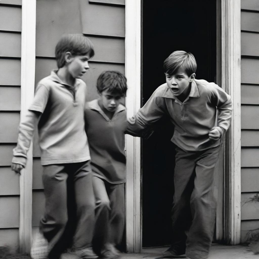 A scared looking 12 year old boy is reaching out with one hand after his dad who is being dragged out of the front door of a house by two men wearing grey uniforms