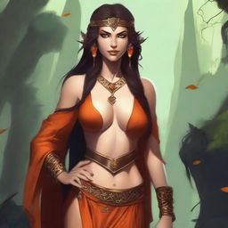 Generate an image of a sexy fallen Summer Eladrin lady sorceress