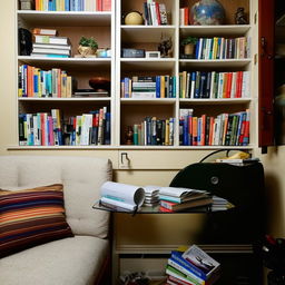 A 10x10 study room full of books belonging to a determined UPSC aspirant. The room contains a single mini bed, a comfortable sofa and a dedicated study table.