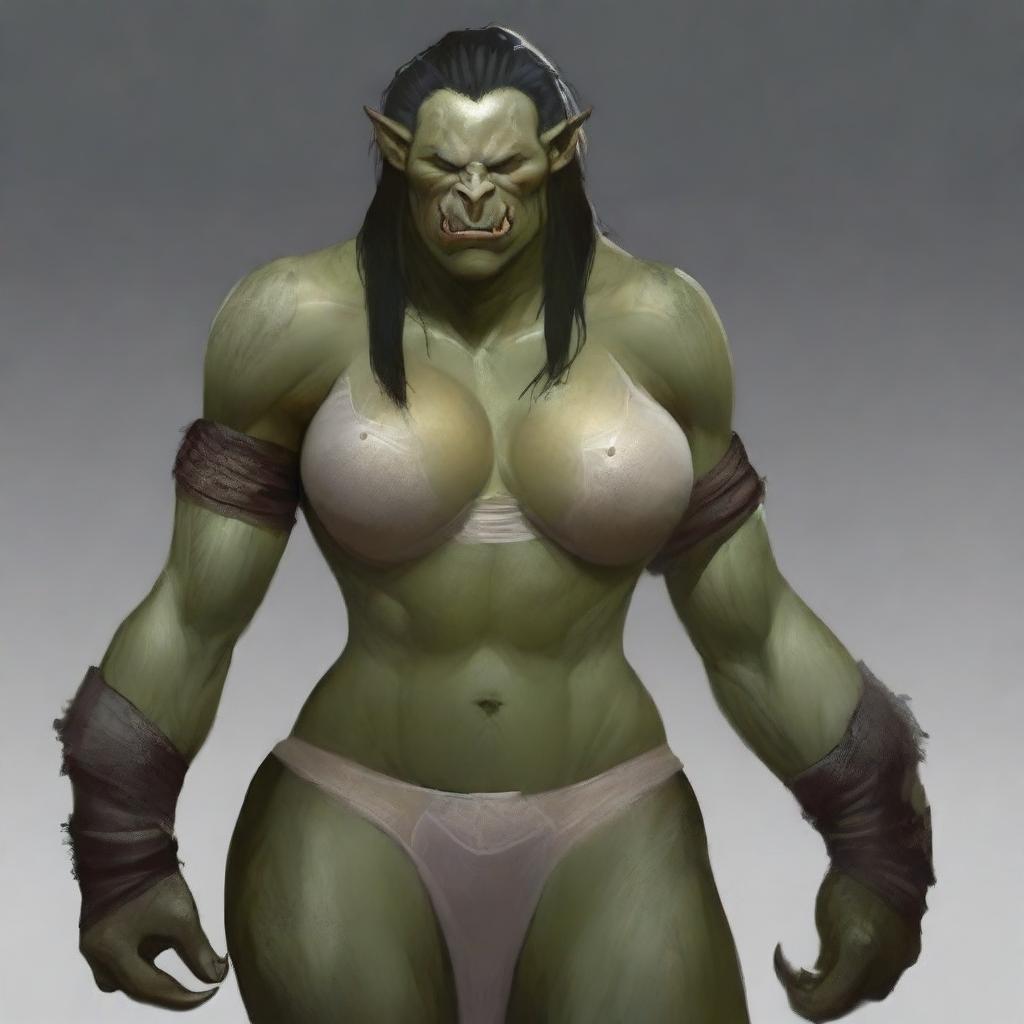 Generate an image of a beautiful and sexy, large female Orc with big tusks