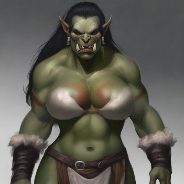 Generate an image of a beautiful and sexy, large female Orc with big tusks