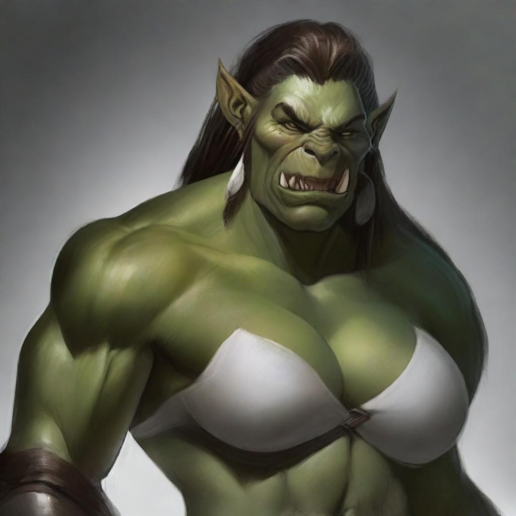 Generate an image of a beautiful and sexy, large female half-Orc with big tusks