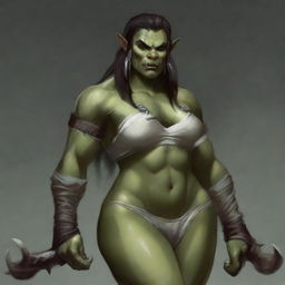 Generate an image of a beautiful and sexy, large female half-Orc with big tusks