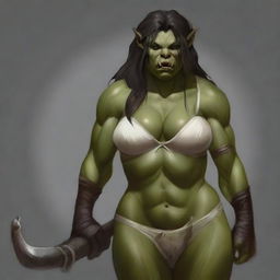 Generate an image of a beautiful and sexy, large female half-Orc with big tusks