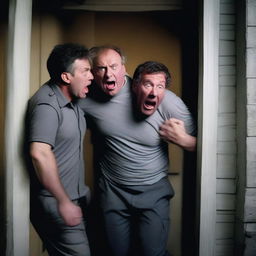 A scared looking dad is being dragged out of the front door of a house by two men wearing grey uniforms