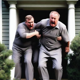 A scared looking dad is being dragged out of the front door of a house by two men wearing grey uniforms