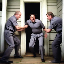 A scared looking dad is being dragged out of the front door of a house by two men wearing grey uniforms