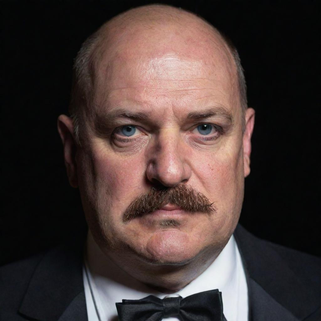 Closeup of a 45 year old magician with partial baldness and a big moustache. He is obese with bleak eyes, portrayed in a dimly lit, dark room.