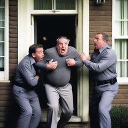 A scared looking dad is being dragged out of the front door of a house by two men wearing grey uniforms