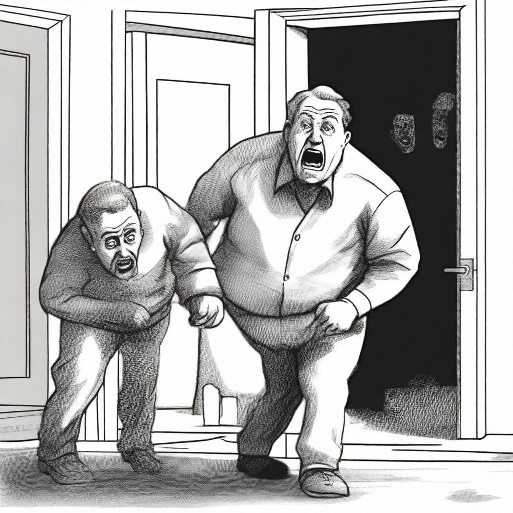 A drawing of a scared looking dad who is being dragged out of the front door of a house by two men wearing grey uniforms