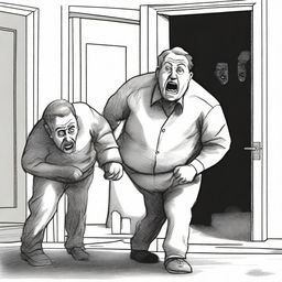 A drawing of a scared looking dad who is being dragged out of the front door of a house by two men wearing grey uniforms