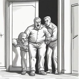 A drawing of a scared looking dad who is being dragged out of the front door of a house by two men wearing grey uniforms