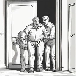 A drawing of a scared looking dad who is being dragged out of the front door of a house by two men wearing grey uniforms