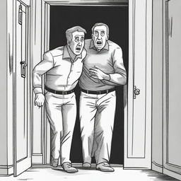 A drawing of a scared looking dad who is being dragged out of the front door of a house by two men wearing grey uniforms