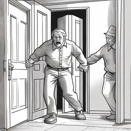 A drawing of a scared looking dad who is being dragged out of the front door of a house by two men wearing grey uniforms