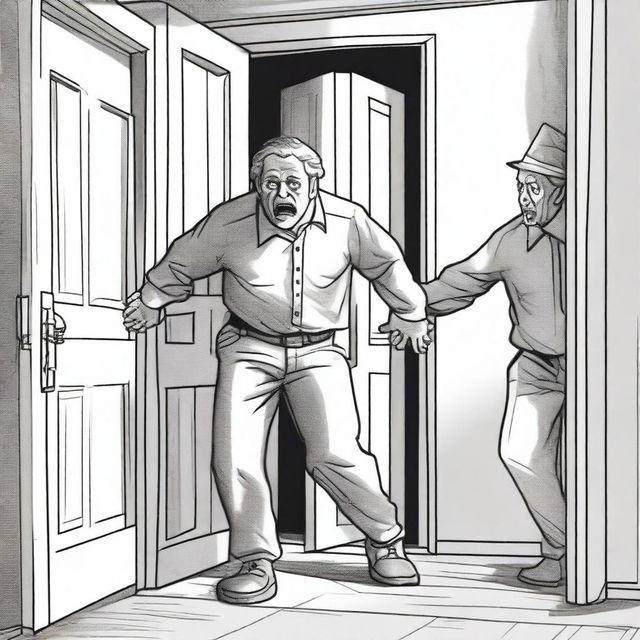 A drawing of a scared looking dad who is being dragged out of the front door of a house by two men wearing grey uniforms