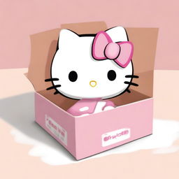 Create an image of the character Hello Kitty cheerfully packing herself into a large cardboard package, with her cute pink bow and white fur contrasting against the brown box