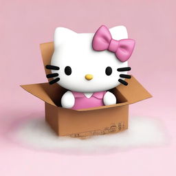 Create an image of the character Hello Kitty cheerfully packing herself into a large cardboard package, with her cute pink bow and white fur contrasting against the brown box