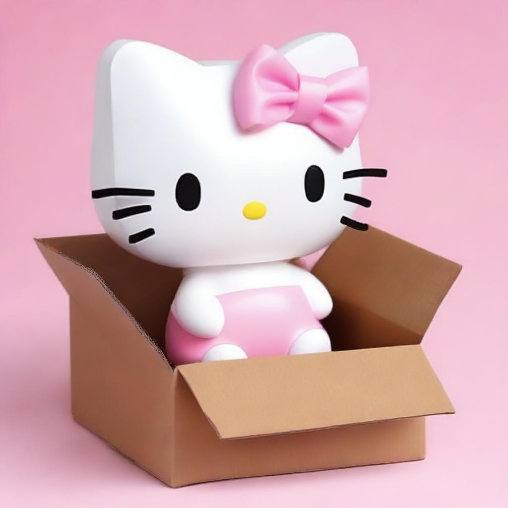 Create an image of the character Hello Kitty cheerfully packing herself into a large cardboard package, with her cute pink bow and white fur contrasting against the brown box