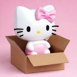 Create an image of the character Hello Kitty cheerfully packing herself into a large cardboard package, with her cute pink bow and white fur contrasting against the brown box