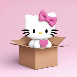 Create an image of the character Hello Kitty cheerfully packing herself into a large cardboard package, with her cute pink bow and white fur contrasting against the brown box