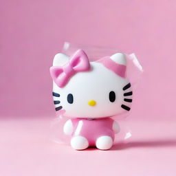 Generate an image of Hello Kitty playfully wrapped in clear packing tape, while maintaining her cheerful expression