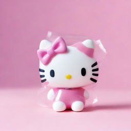 Generate an image of Hello Kitty playfully wrapped in clear packing tape, while maintaining her cheerful expression