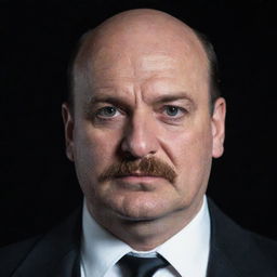 Closeup of a 45 year old magician with partial baldness and a big moustache. He is obese with bleak eyes, portrayed in a dimly lit, dark room.