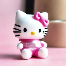 Generate an image of Hello Kitty playfully wrapped in clear packing tape, while maintaining her cheerful expression