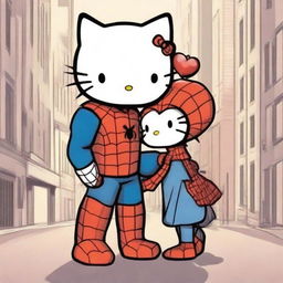 Generate an image of Hello Kitty and Spiderman sharing a romantic moment