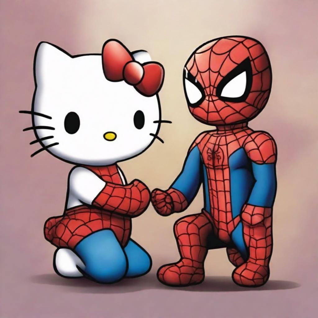 Generate an image of Hello Kitty and Spiderman sharing a romantic moment