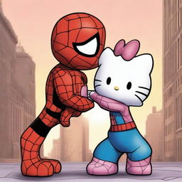 Generate an image of Hello Kitty and Spiderman sharing a romantic moment