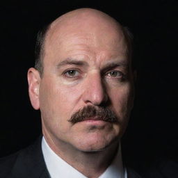 Closeup of a 45 year old magician with partial baldness and a big moustache. He is obese with bleak eyes, portrayed in a dimly lit, dark room.