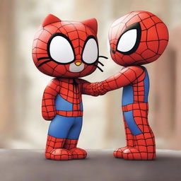 Generate an image of Hello Kitty and Spiderman sharing a romantic moment