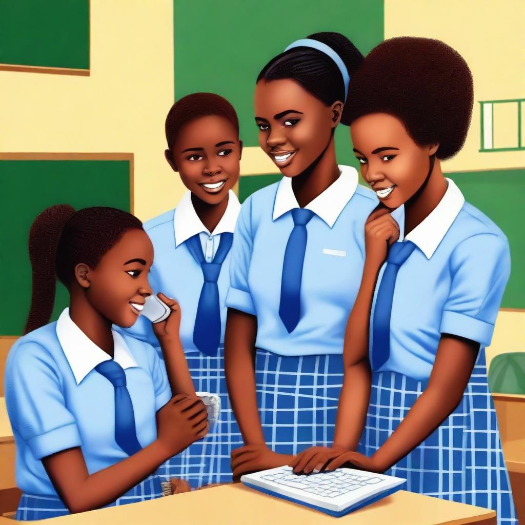 Three African teenager girls in blue checkered school uniform, with one of them receiving a phone call