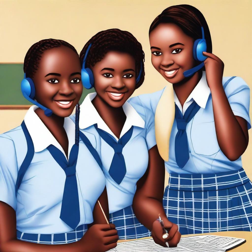 Three African teenager girls in blue checkered school uniform, with one of them receiving a phone call