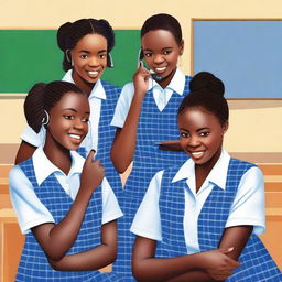 Three African teenager girls in blue checkered school uniform, with one of them receiving a phone call