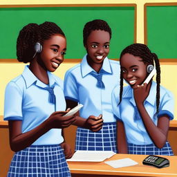 Three African teenager girls in blue checkered school uniform, with one of them receiving a phone call