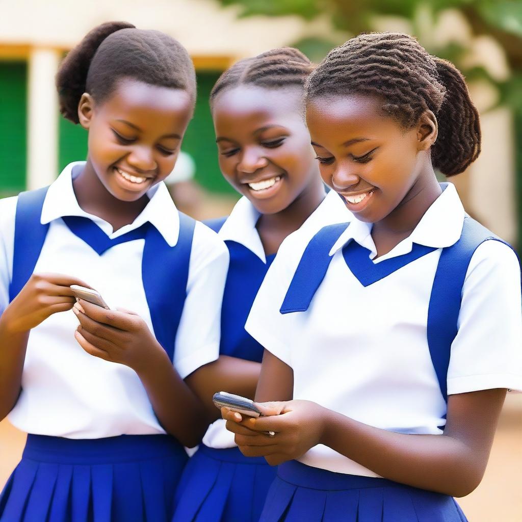 Three African teenage girls in white and blue school uniform, with the girl in the centre using a mobile phone