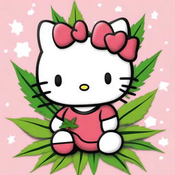 Create an image of Hello Kitty sitting casually with a marijuana leaf in the background