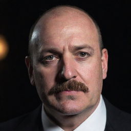 Closeup of a 45 year old magician with partial baldness and a big moustache. He is obese with bleak eyes, portrayed in a dimly lit, dark room.