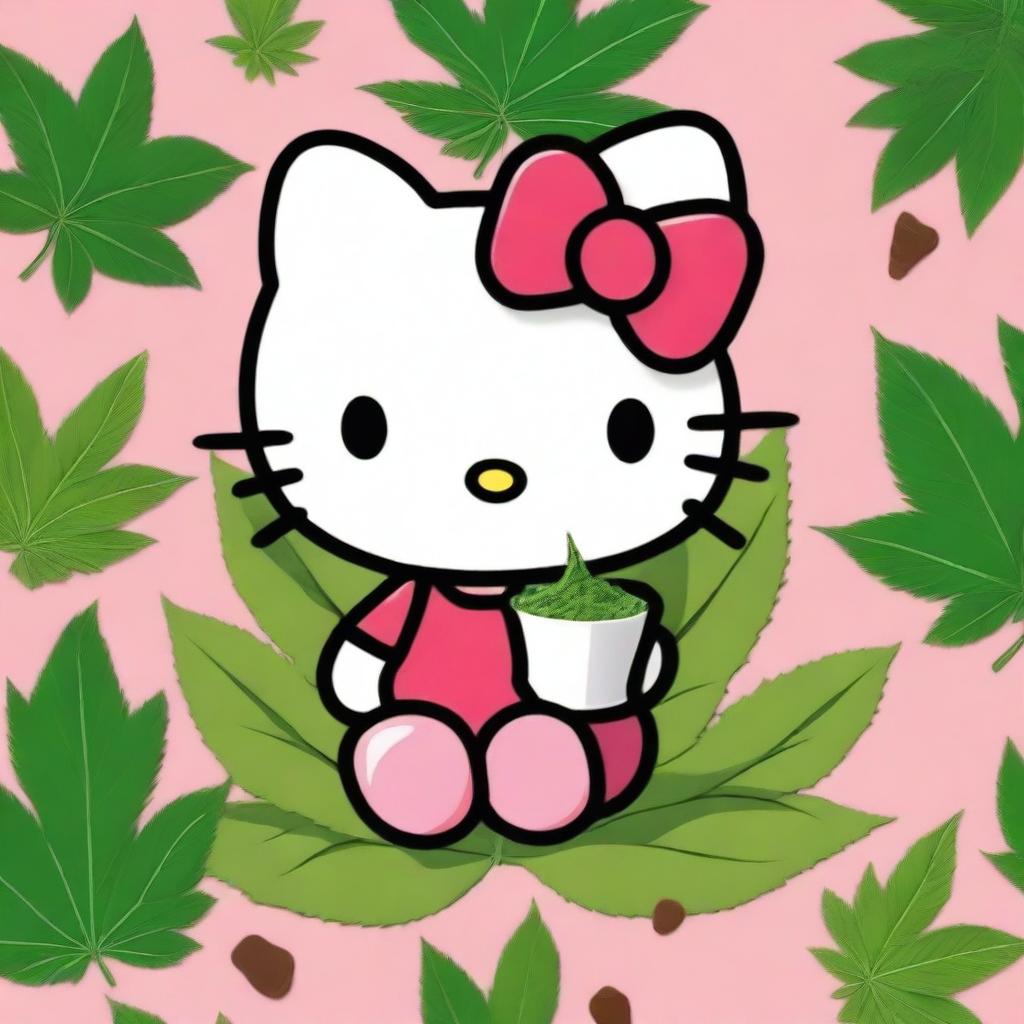 Create an image of Hello Kitty sitting casually with a marijuana leaf in the background